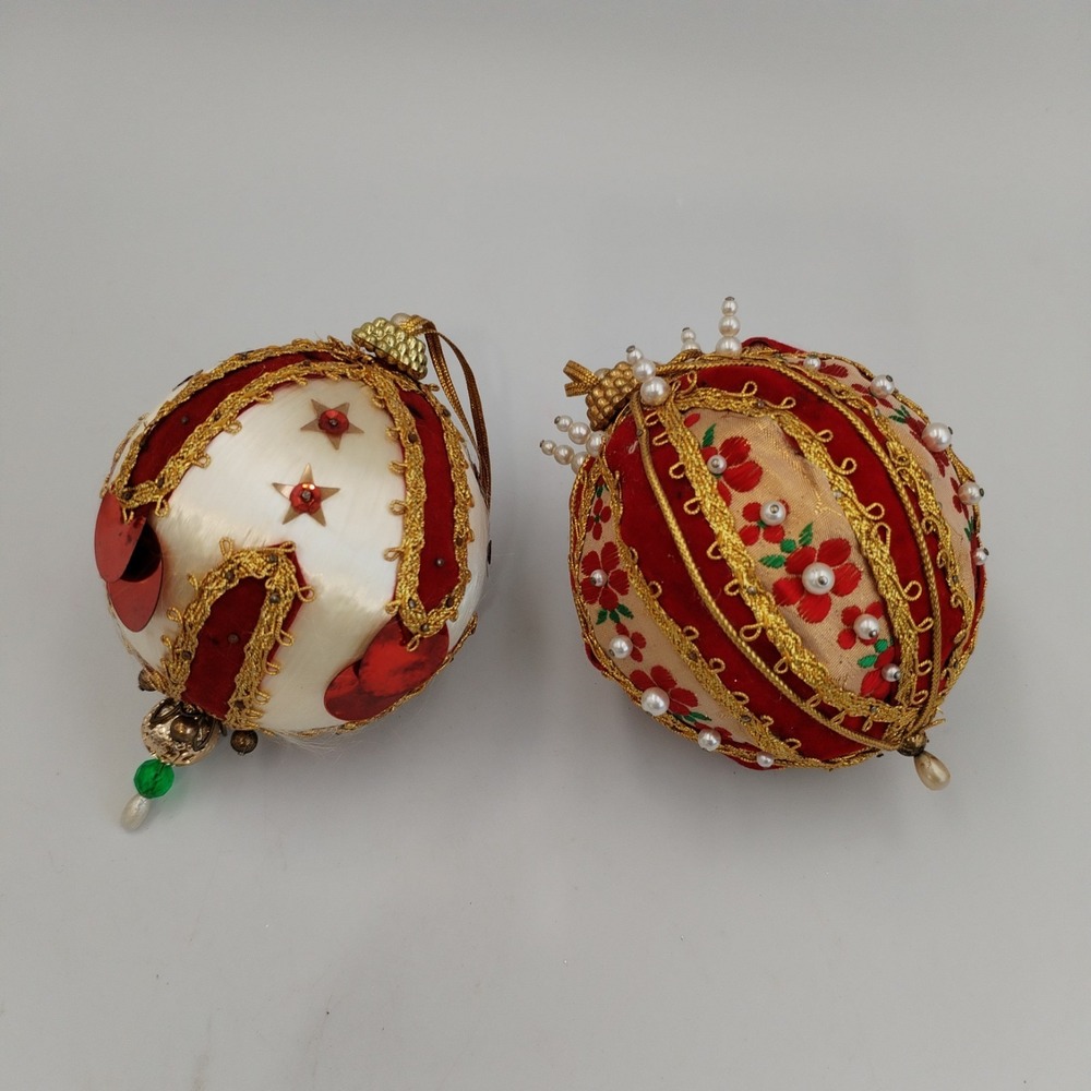 VTG Pair Handmade Sequin Beaded Push Pin Christmas Ornaments Satin Velvet MCM